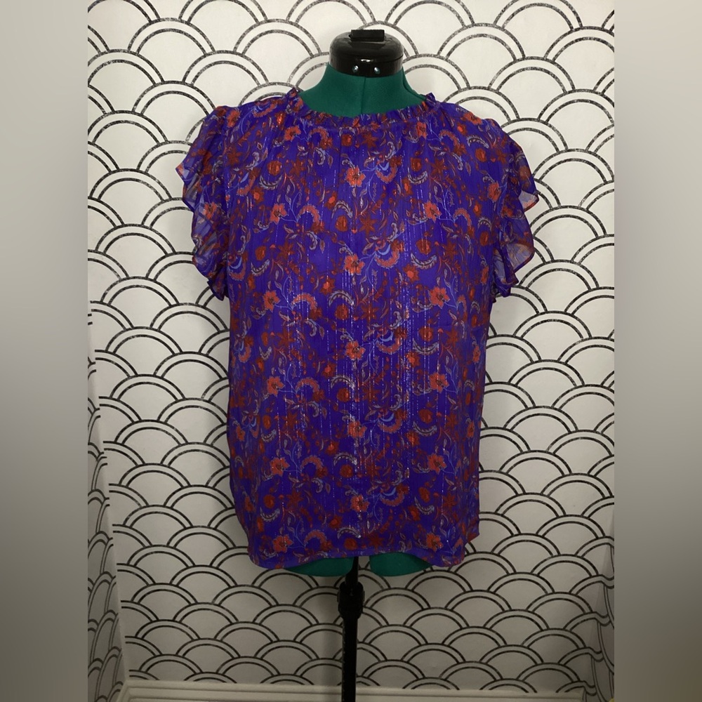 Sugarlips Blue & Red Floral Ruffle‑Neck Blouse – Size L